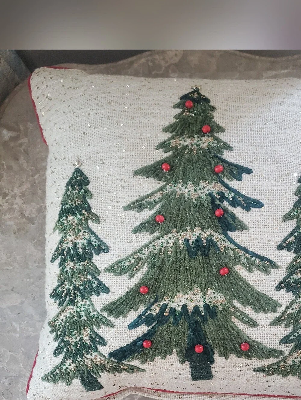 Pillow Embroidered Christmas Trees Gold Sequin Beads Beige Green 17